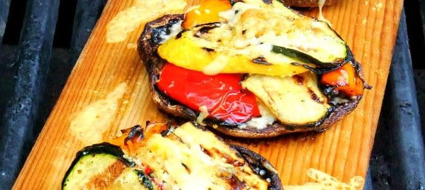Mushrooms on a grilling plank