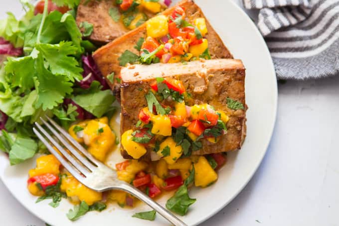 Cedar Planked Tofu With Mango Salsa