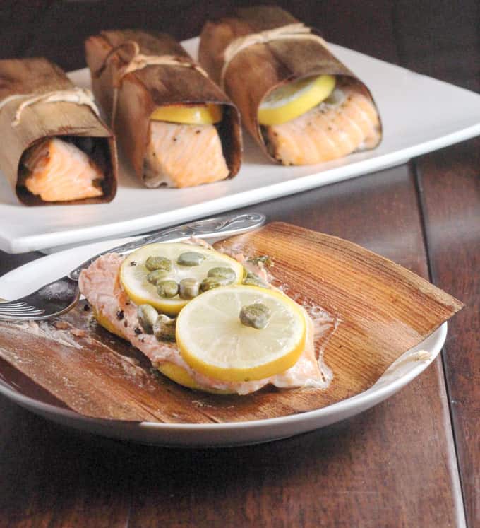Wooden Wrap Salmon with Lemon and Capers