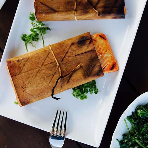 Natural Wood Wrapped Salmon with Asian Vegetables