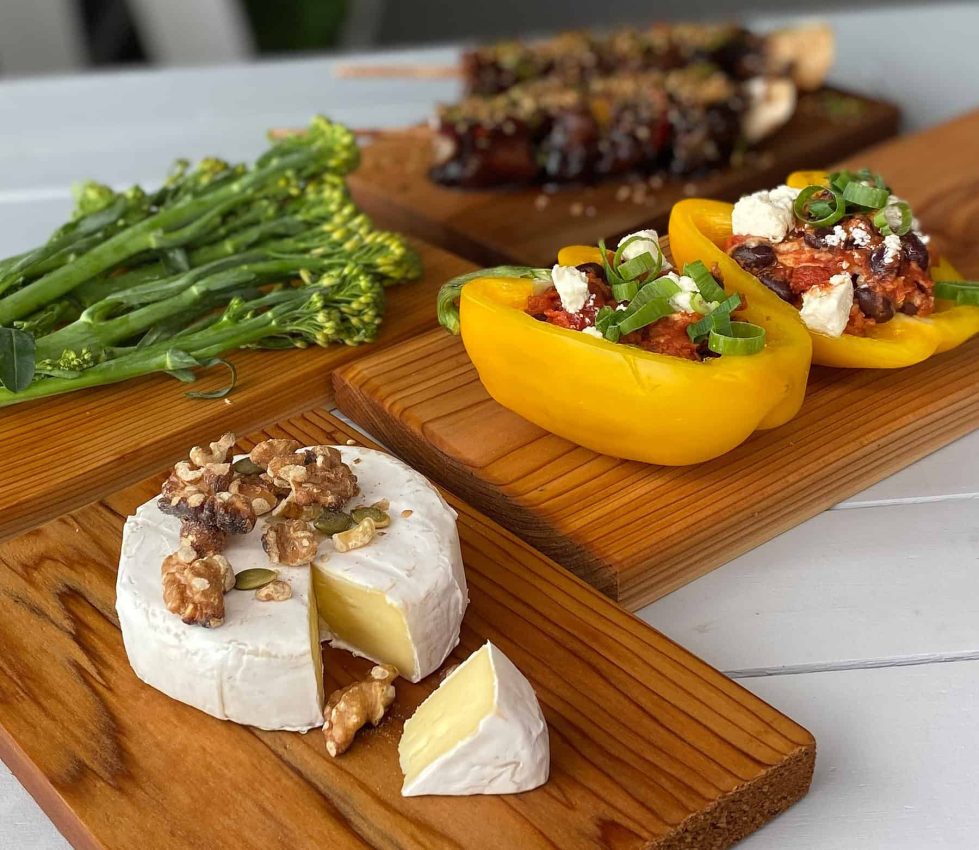 IMG_4705 Camembert and stuffed capsicum peppers with broccoli on a grilling plank