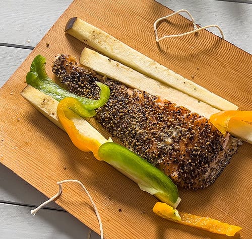 fish & vegetables in a cedar wrap