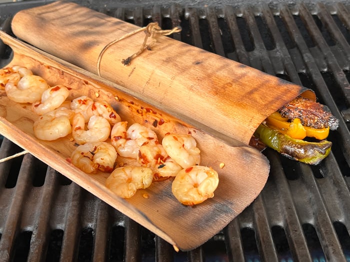 prawns & vegetables in a cedar wrap