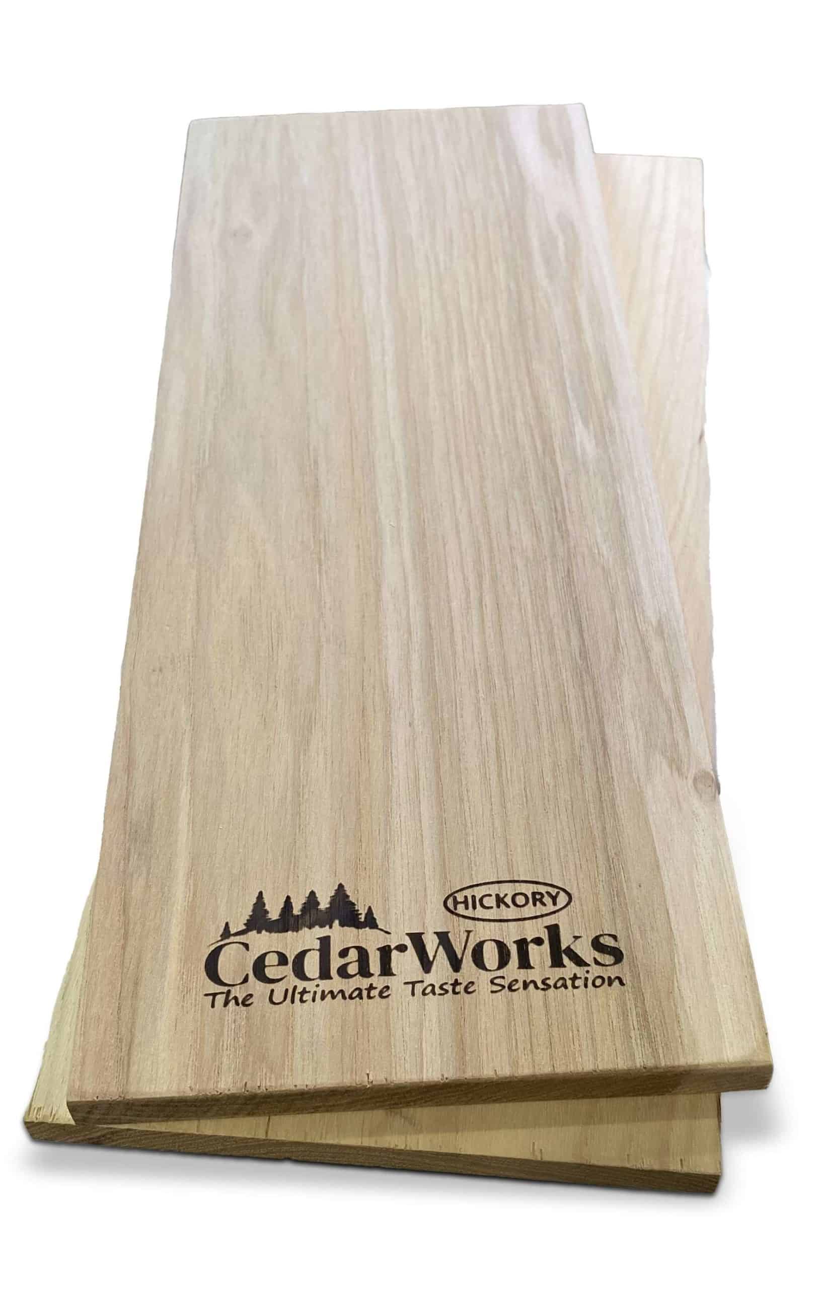 Hickory wood tasting plank with Cedar Works branding for barbecues and cooking demonstrations, showcasing high-quality, durable cedar wood for culinary presentations.