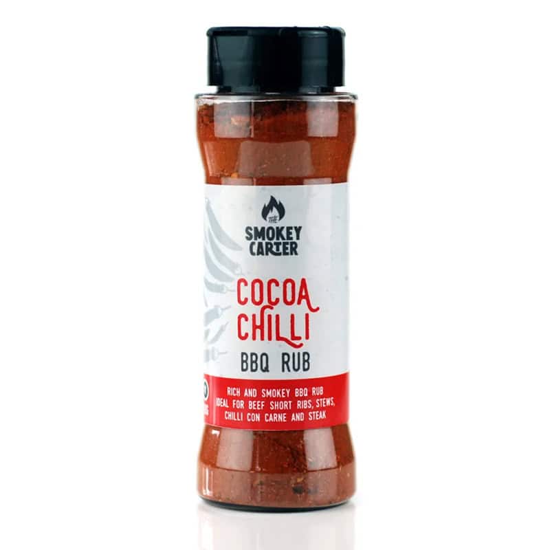 Smokey Carter Cocoa Chilli BBQ Rub for grilling, perfect for beef short ribs, steaks, and chili con carne, enhancing flavor with smoky and spicy notes, ideal for outdoor cooking enthusiasts.