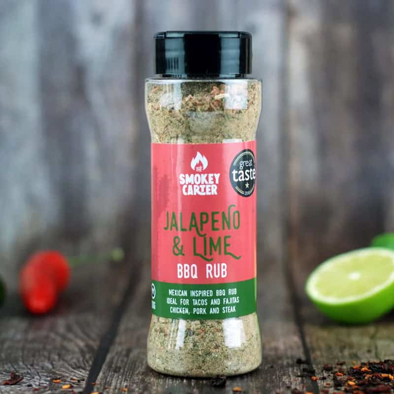 Smokey carter jalapeno lime BBQ rub, spice blend for grilling, taco seasoning, all-natural ingredients, smoky flavor, ideal for chicken, pork, steak, keto-friendly, gluten-free, versatile grilling essential.