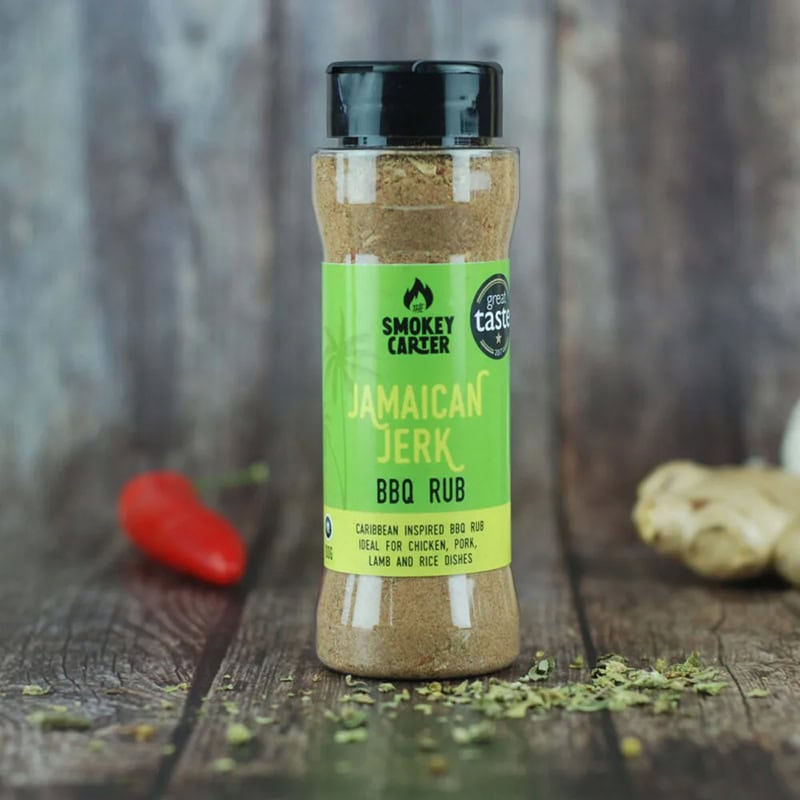 Smokey carter jamaican jerk BBQ rub, Caribbean inspired spice blend for grilling, enhances chicken, pork, lamb, and rice dishes, ideal for barbecue enthusiasts, premium quality Cedar Works product.