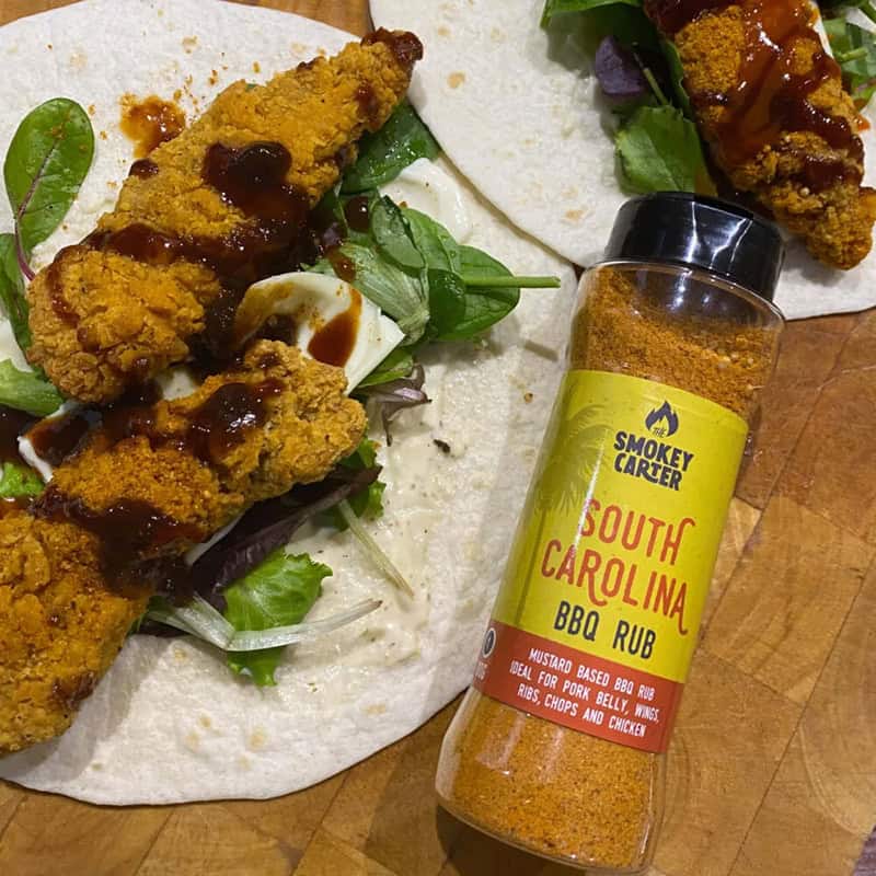 Cedar Works South Carolina BBQ Rub featuring mustard-based seasoning for pork, ribs, poultry, and chicken. Perfect for grilling and enhancing outdoor BBQ flavors.