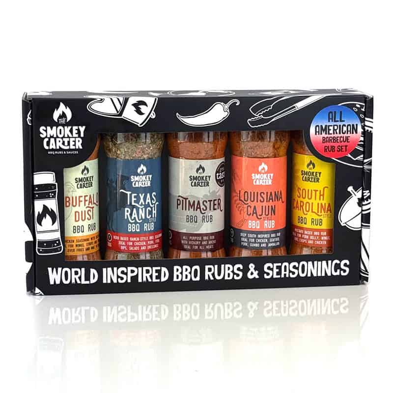Smokey Carter BBQ rub set featuring world-inspired BBQ seasonings from various American regions including Texas, Louisiana, South Carolina, and more for grilling enthusiasts.