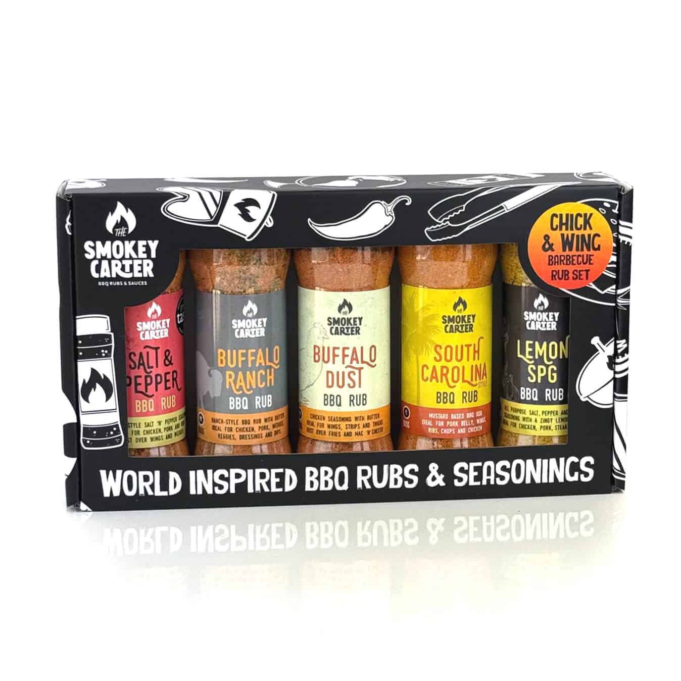 Smokey Carter BBQ rub set with five different world-inspired dry rubs including Salt & Pepper, Buffalo Ranch, Buffalo Dust, South Carolina, and Lemon Spg for grilling and barbecuing.