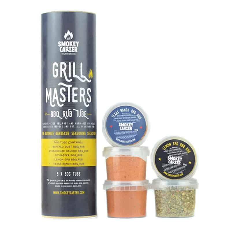 Smokey Carter Grill Masters BBQ Rub Tubs and seasoning jars for outdoor grilling and barbecues. Ideal for enhancing flavors on meats, steaks, and ribs with premium BBQ seasonings.