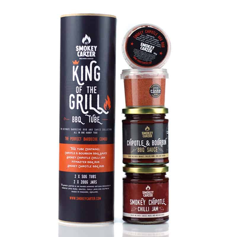 Smokey Carter King of the Grill BBQ Tube kit with multiple smoky chipotle and bourbon BBQ sauces, perfect for grilling enthusiasts and BBQ lovers.