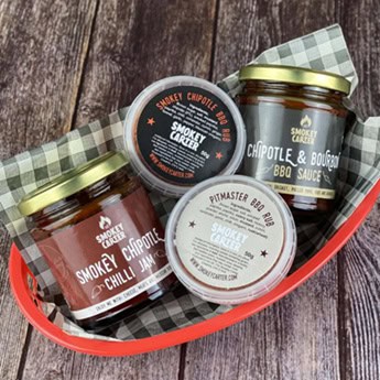 Delicious smoky chipotle and bourbon BBQ sauces from Cedar Works, perfect for grilling and enhancing your meals.