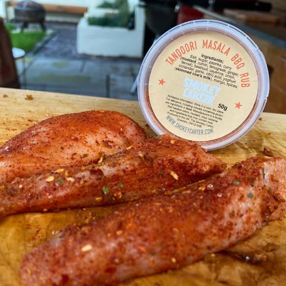 BBQ chicken with Tandoori Masala Rub and smoked cream, featuring a vibrant spice blend for flavorful grilled meats. Perfect for enhancing BBQ dishes with authentic Indian-inspired seasonings.
