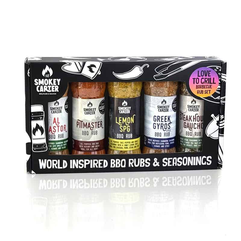 Smokey Carter BBQ rub set featuring World-inspired seasoning flavors including Astor, Pitmaster, Lemon Spg, Greek Gyros, and Steak House Gaucho, designed for grilling enthusiasts.