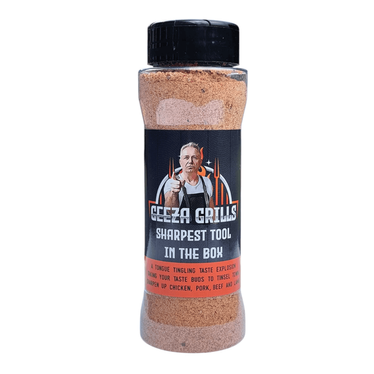 Flavored seasoning spice bottle with Cedar Works branding and humorous graphic, perfect for grilling enthusiasts.