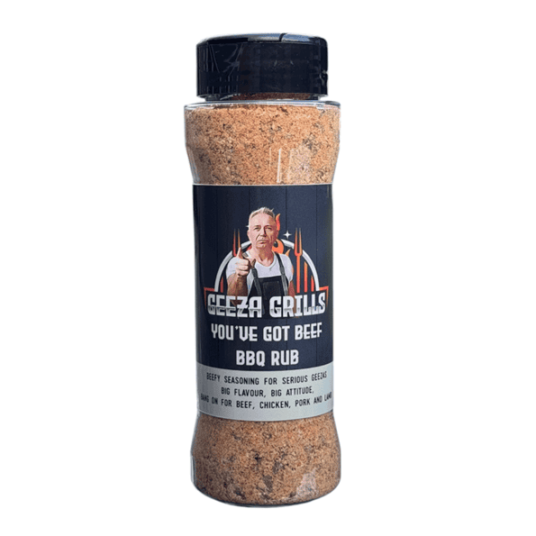Geeza Grills Beef BBQ Rub, seasoned spice blend for grilling, enhances beef, chicken, pork with bold flavor and aroma, perfect for outdoor barbecue cooking.