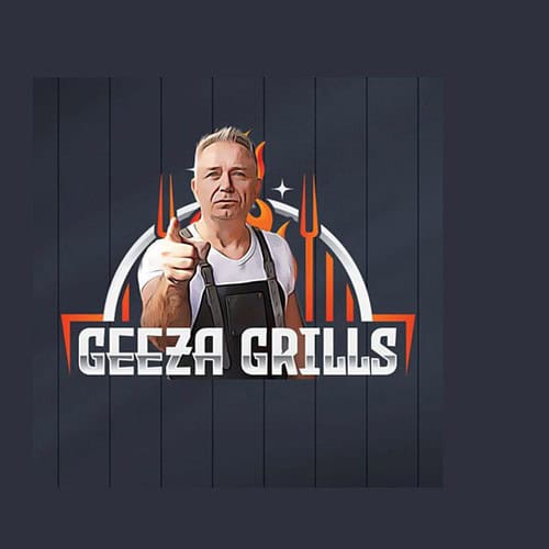 Rustic cedar woodworking sign featuring a man giving a thumbs up, with "Geeza Grills" logo in the background, ideal for custom outdoor barbecue and grill branding.