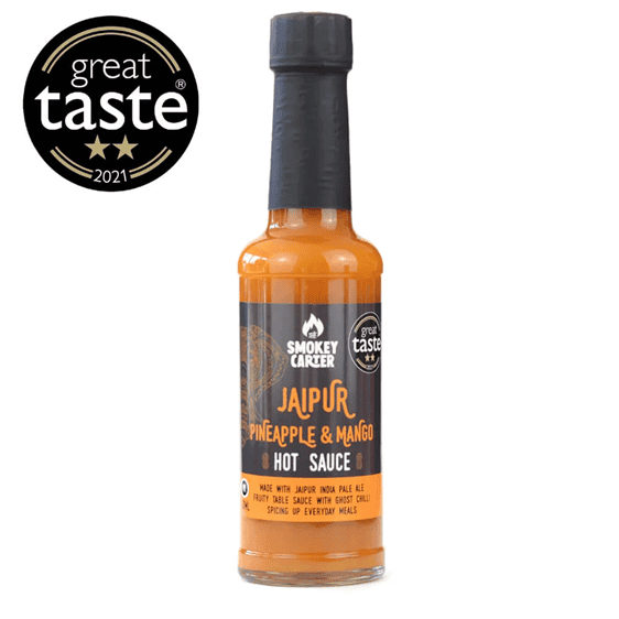Smokey Carter Jaipur Pineapple & Mango Hot Sauce, Great Taste 2021 award-winning condiment, flavorful, premium quality, and perfect for enhancing grilled dishes and everyday meals.