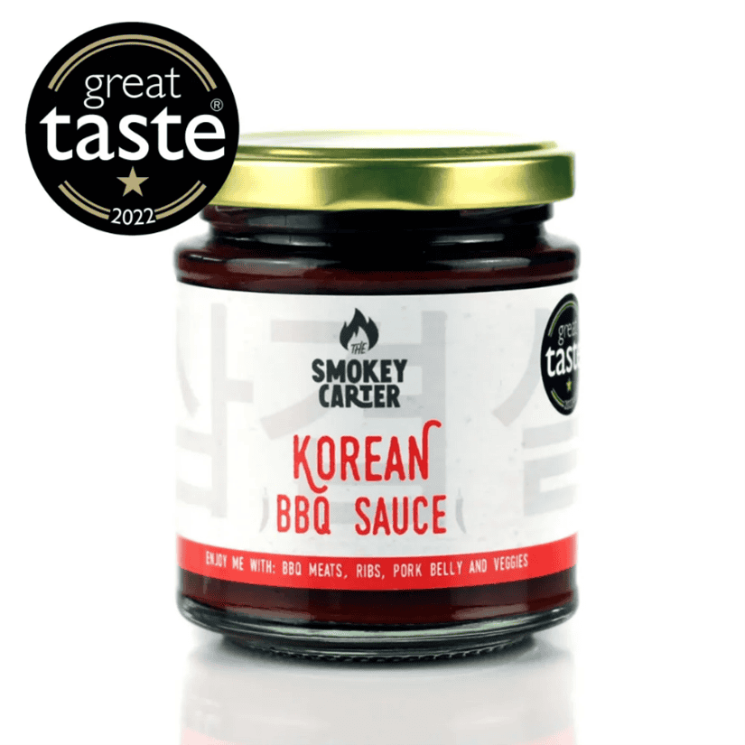 Smokey Carter Korean BBQ Sauce jar featuring Great Taste 2022 award badge, perfect for grilling and marinade. Crafted with quality ingredients for delicious Korean-inspired barbecue flavor.